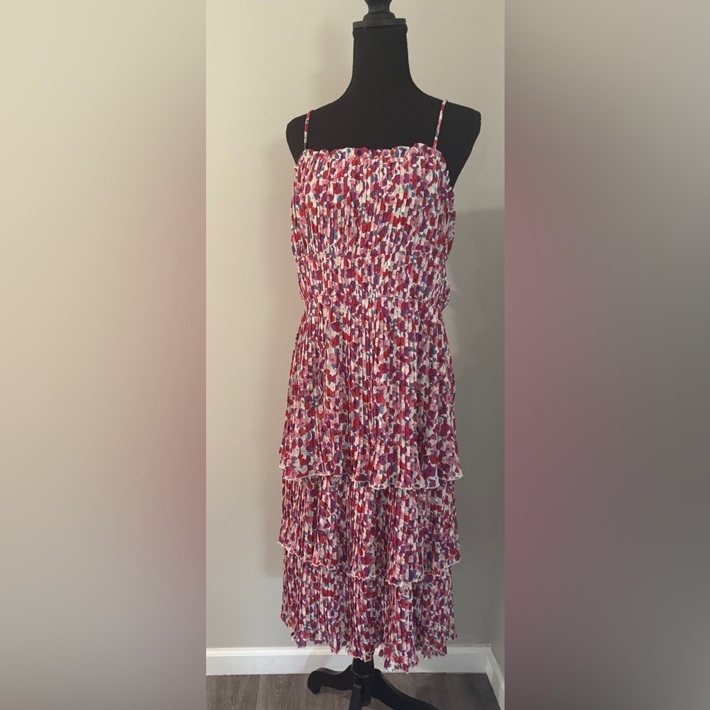 LUCY PARIS Floral Print‎ Pleated Tiered Midi Dress Spaghetti Straps Women's M